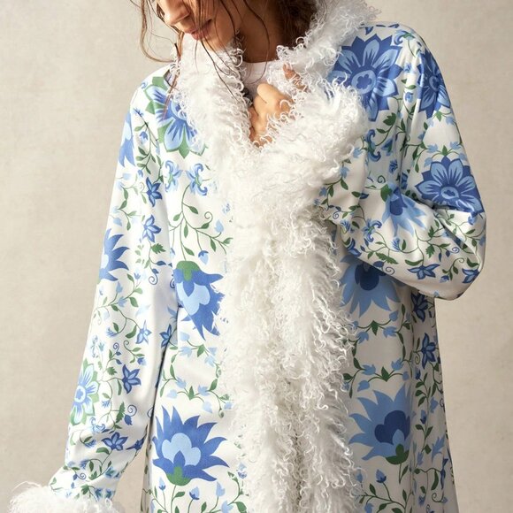 Boho Blues Women's Floral Print faux fur Fringe Trim Jacket - Picture 4 of 9